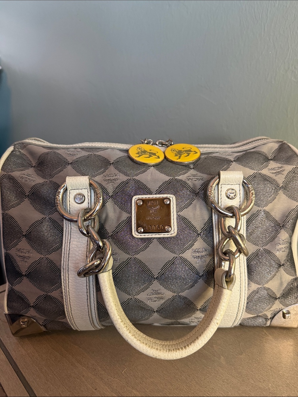 MCM Gray and Cream Lioness Sachel